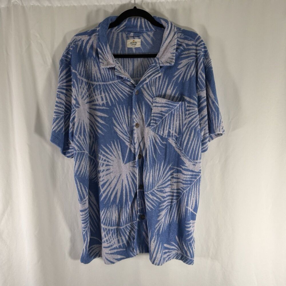 Marine Layer Terry Cloth Jacquard Resort Shirt Men's XL Blue Floral Pool Beach